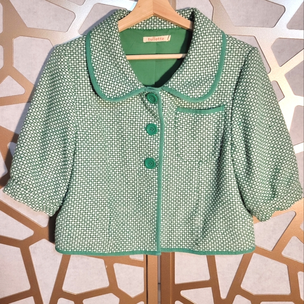 NWOT TULLETTE Green Textile Peter Pan Collar Coat
